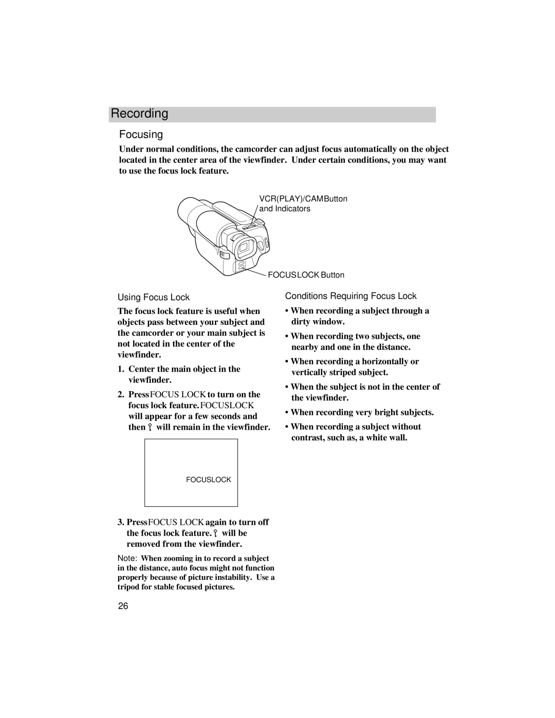 RCA Pro842, Pro848, Pro847 manual Focusing, Using Focus Lock, Conditions Requiring Focus Lock 