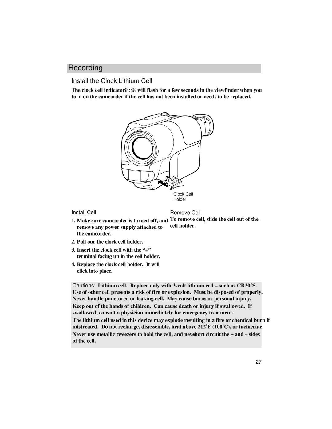 RCA Pro847, Pro848, Pro842 manual Install the Clock Lithium Cell, Install Cell, Remove Cell 