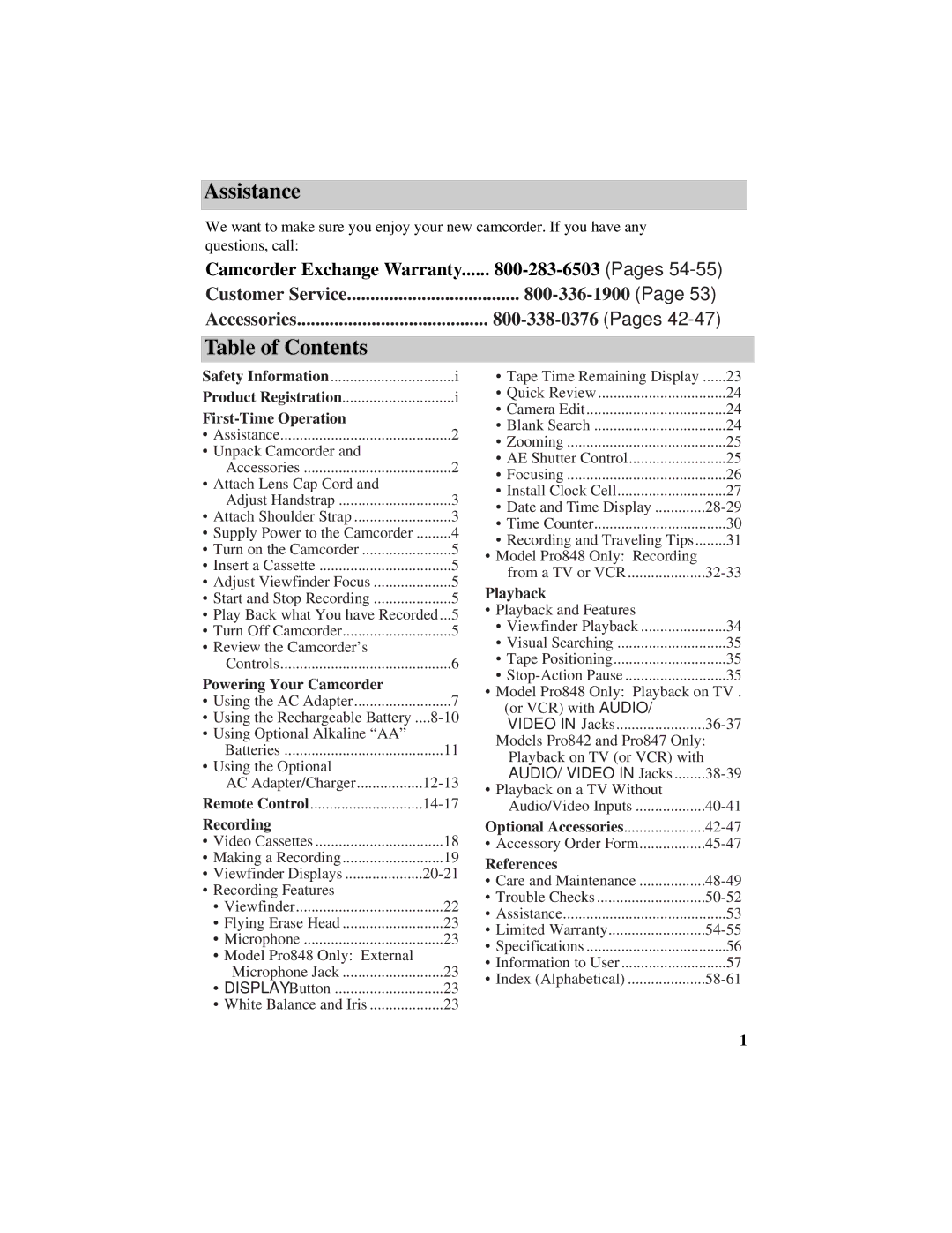 RCA Pro848, Pro842, Pro847 manual Assistance, Table of Contents 