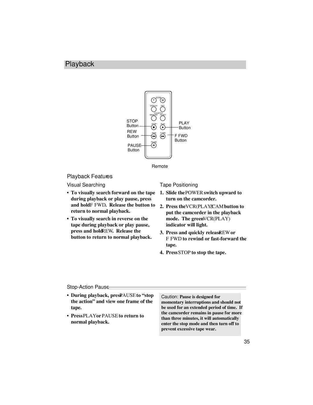 RCA Pro842, Pro848, Pro847 manual Playback Features, Visual Searching, Tape Positioning, Stop-Action Pause 