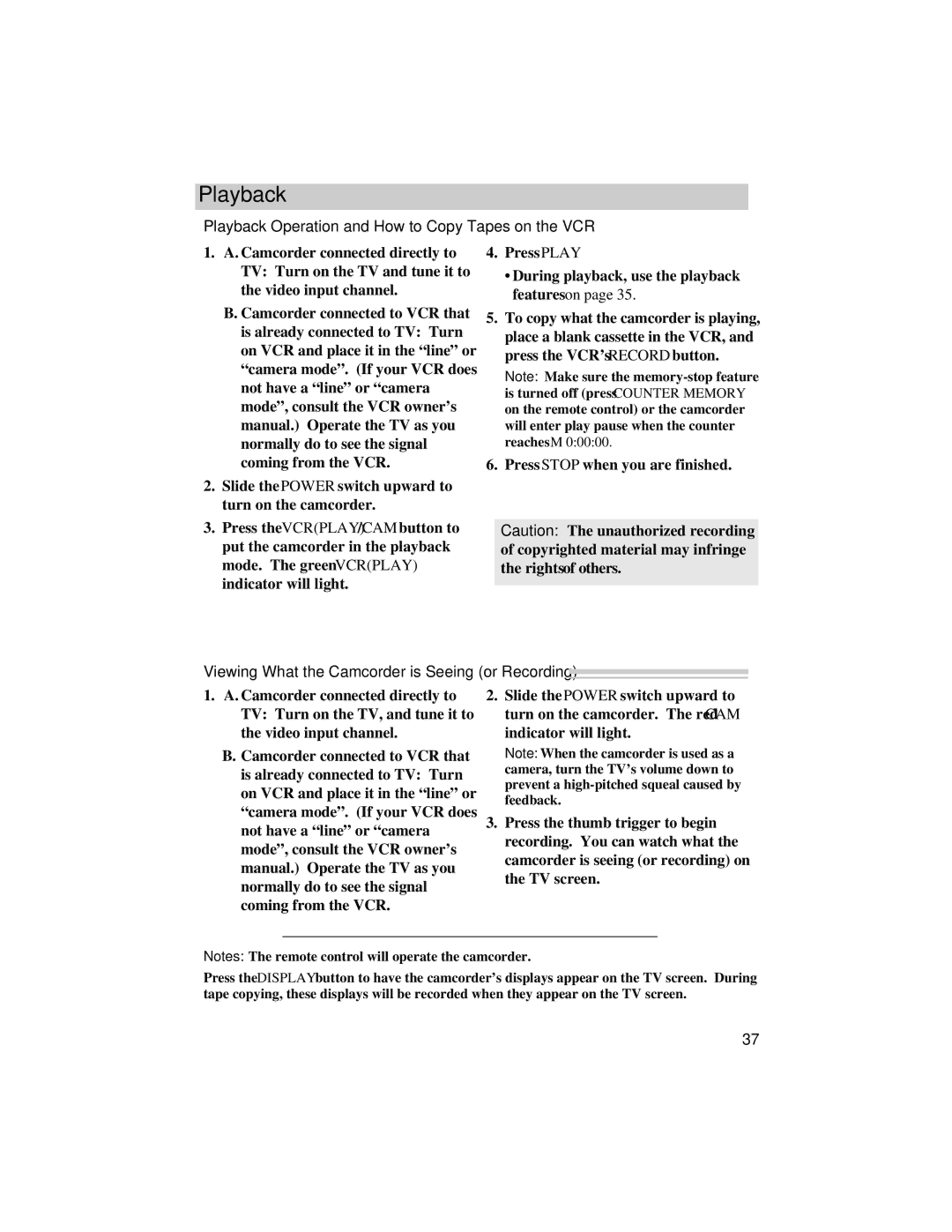 RCA Pro848, Pro842 Playback Operation and How to Copy Tapes on the VCR, Viewing What the Camcorder is Seeing or Recording 