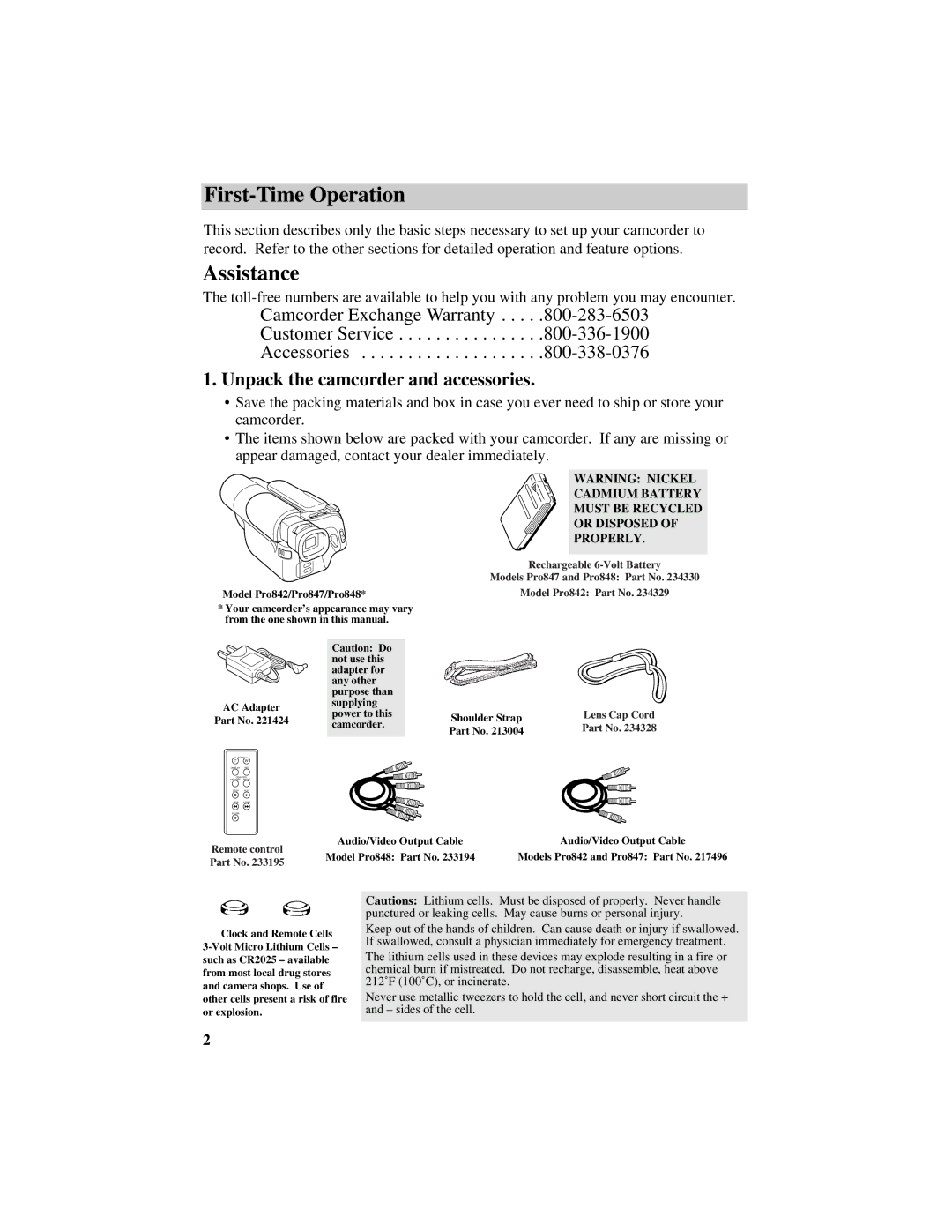 RCA Pro842, Pro848, Pro847 manual First-Time Operation, Unpack the camcorder and accessories 