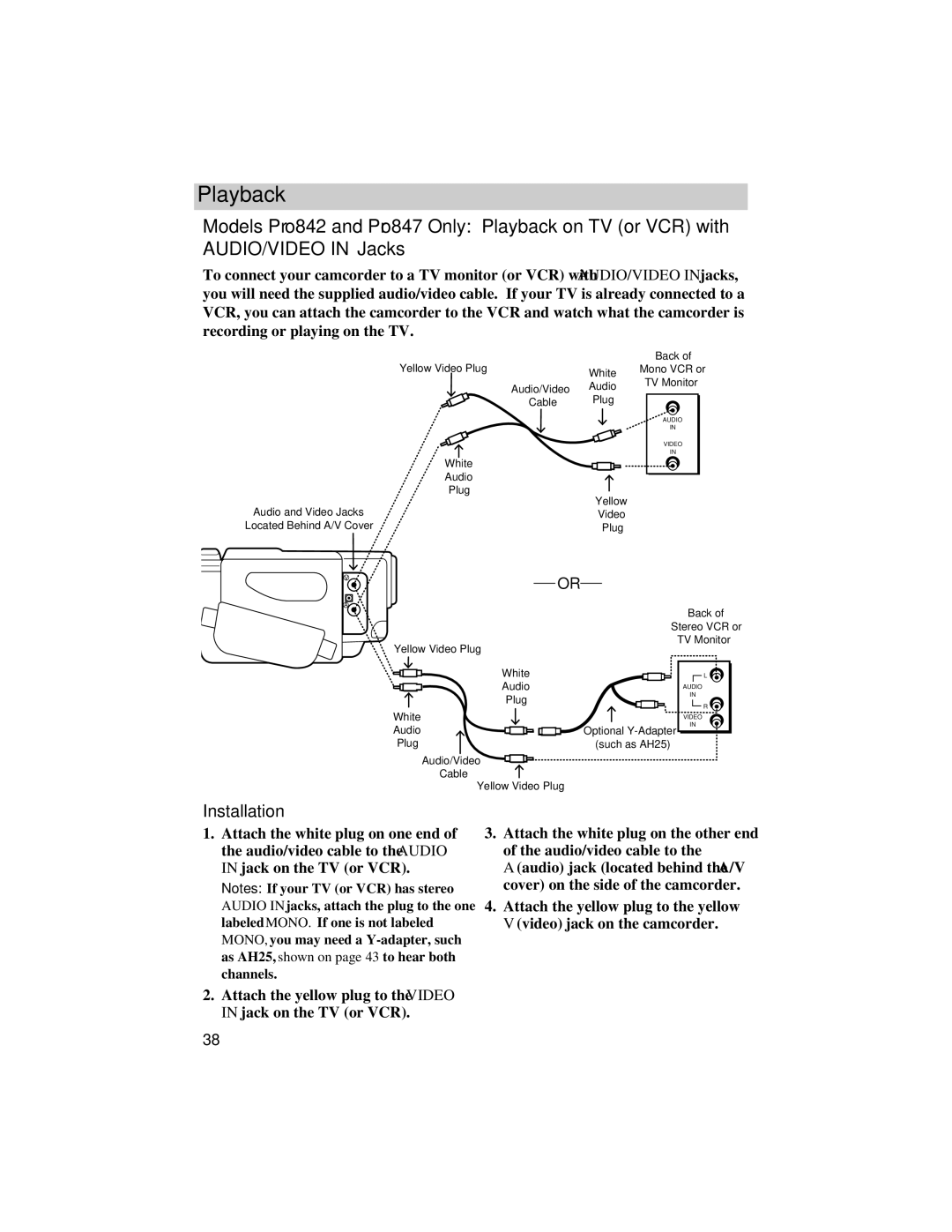 RCA Pro848 manual Models Pro842 and Pro847 Only Playback on TV or VCR with 