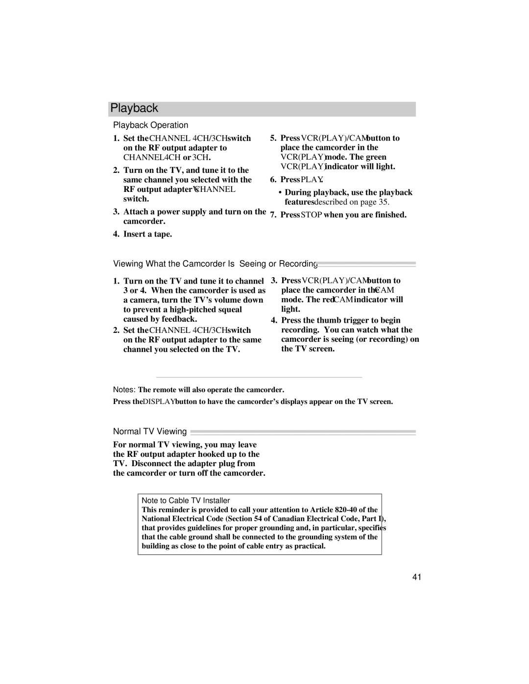 RCA Pro842, Pro848, Pro847 manual Playback Operation, Normal TV Viewing 