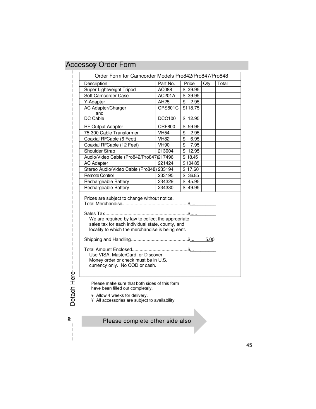 RCA manual Accessory Order Form, Please complete other side also, Order Form for Camcorder Models Pro842/Pro847/Pro848 