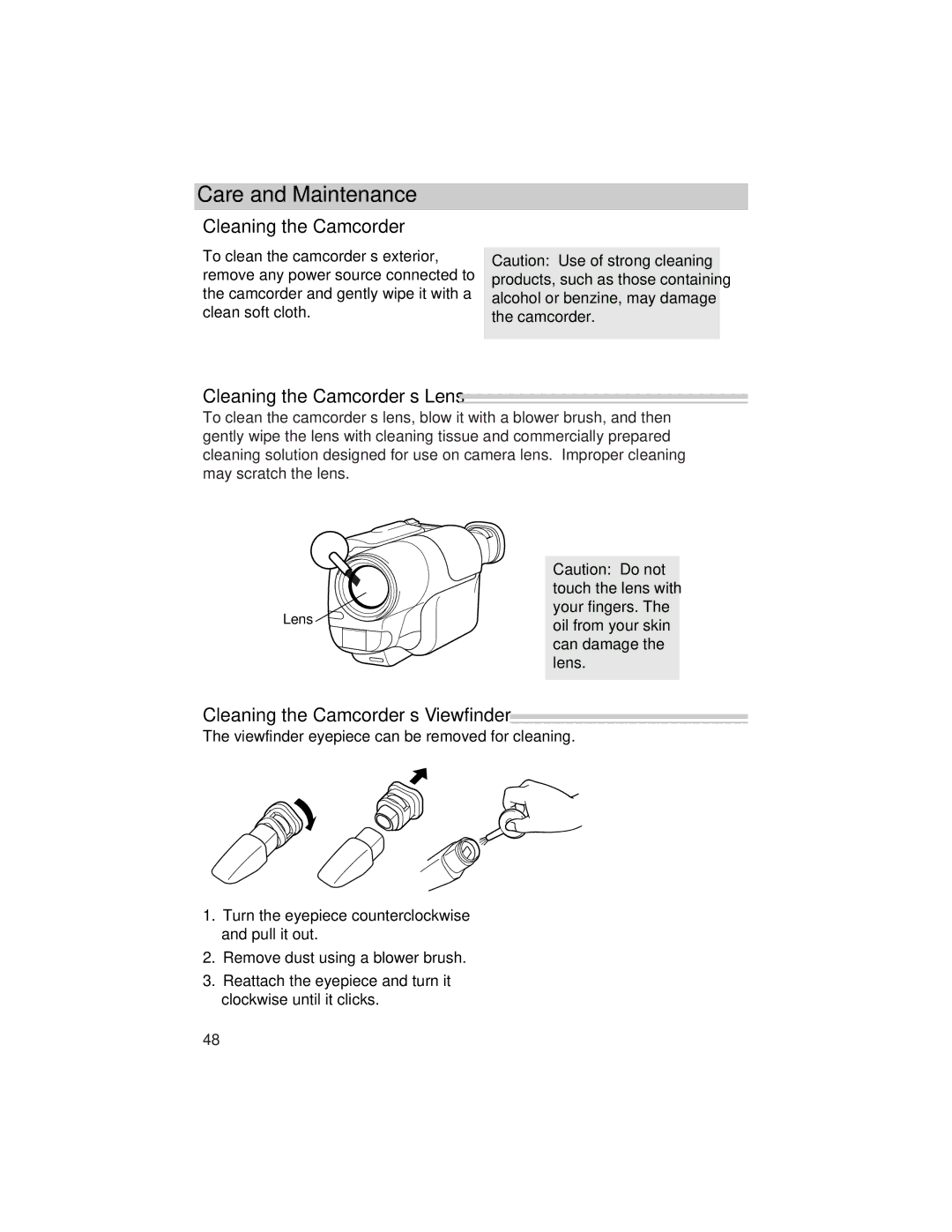 RCA Pro847, Pro848, Pro842 Care and Maintenance, Cleaning the Camcorder’s Lens, Cleaning the Camcorder’s Viewfinder 