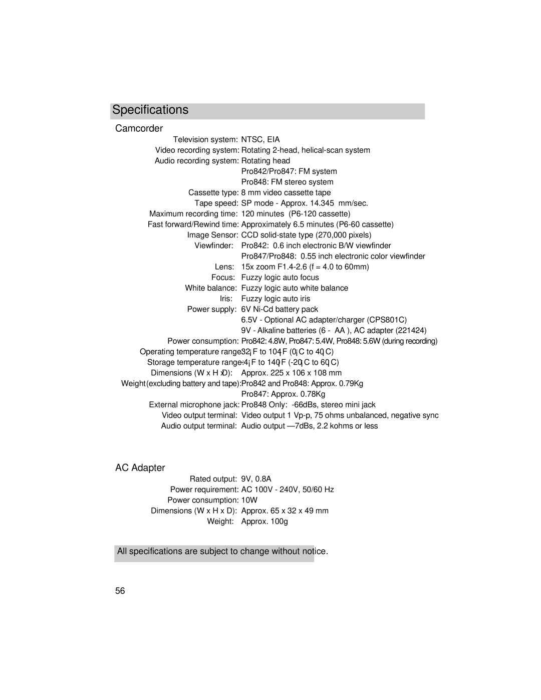 RCA Pro842, Pro848, Pro847 manual Specifications, Camcorder, AC Adapter 