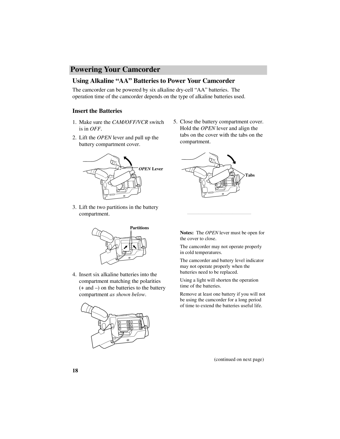 RCA Pro884HB manual Using Alkaline AA Batteries to Power Your Camcorder, Insert the Batteries 