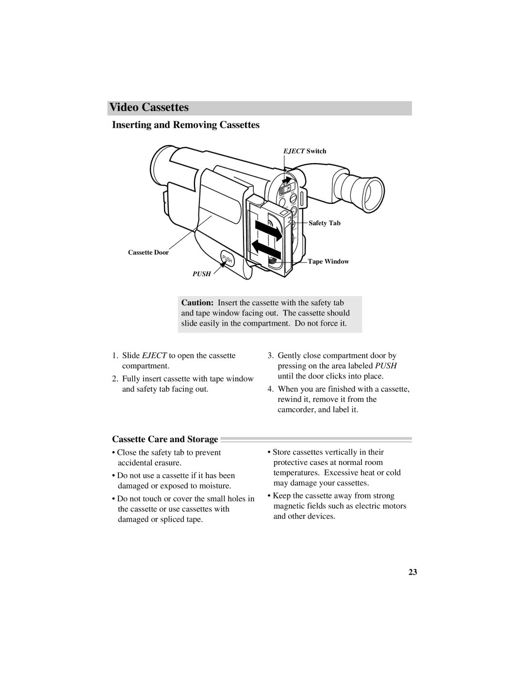 RCA Pro884HB manual Inserting and Removing Cassettes, Cassette Care and Storage 