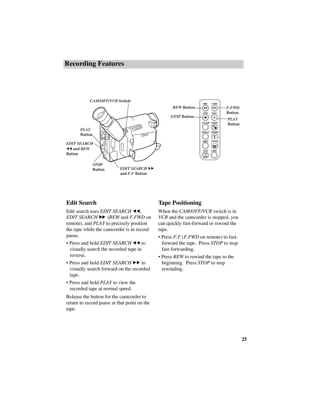 RCA Pro884HB manual Edit Search Tape Positioning 