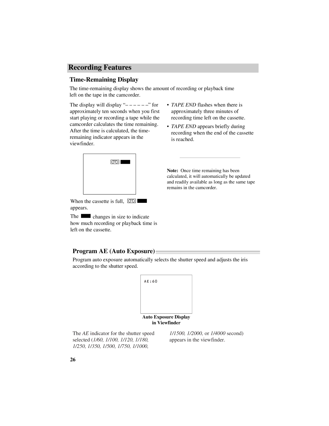 RCA Pro884HB manual Time-Remaining Display, Program AE Auto Exposure 