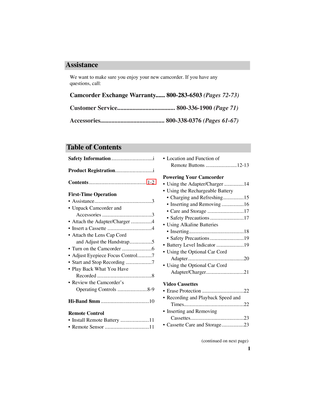 RCA Pro884HB manual Assistance, Table of Contents 