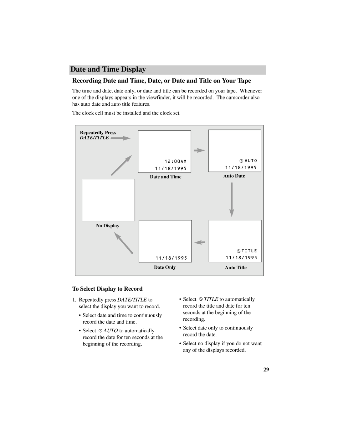 RCA Pro884HB manual To Select Display to Record 