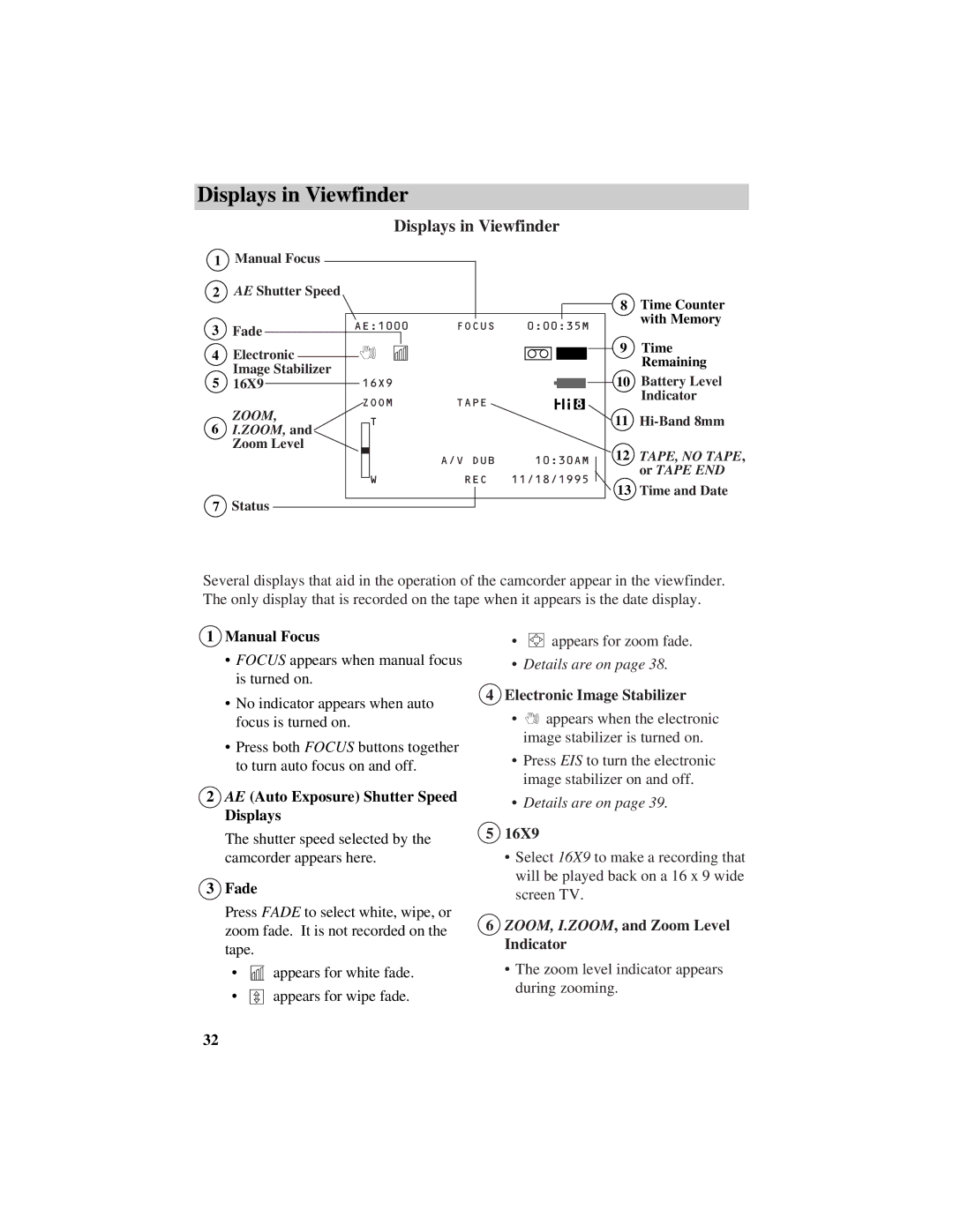 RCA Pro884HB manual Displays in Viewfinder 