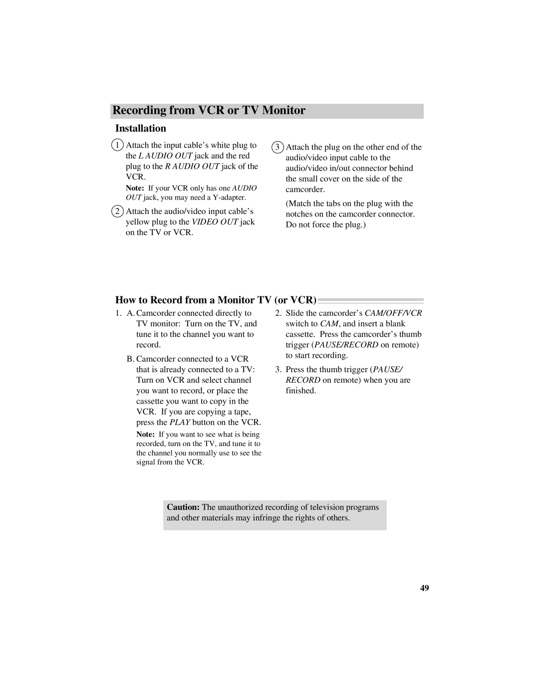 RCA Pro884HB manual Installation, How to Record from a Monitor TV or VCR 