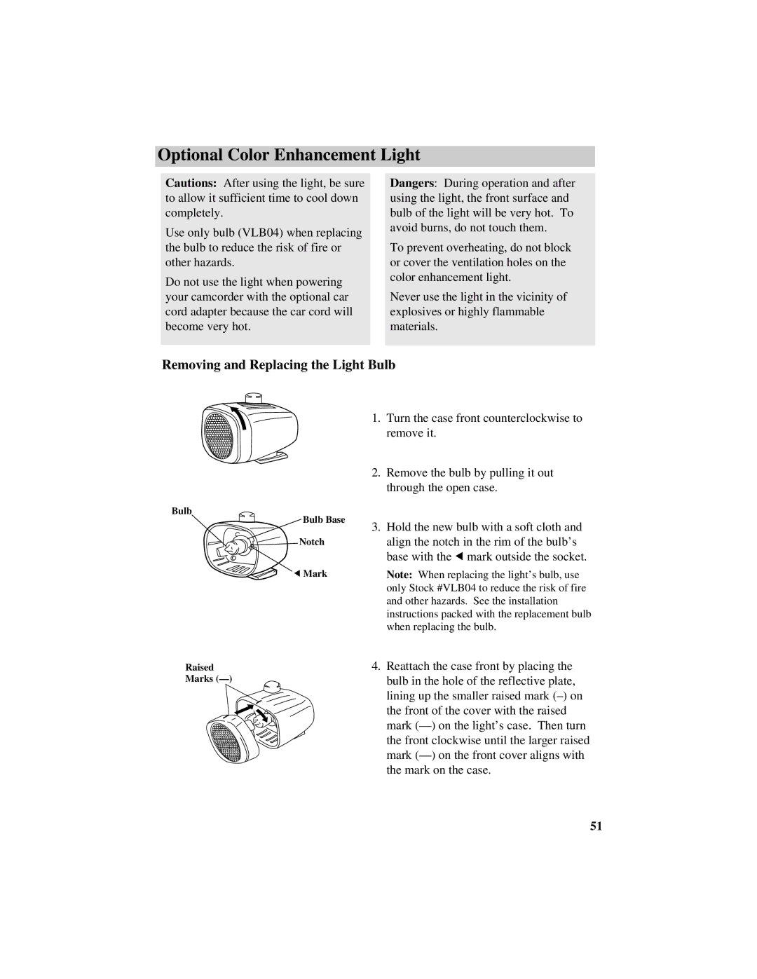 RCA Pro884HB manual Removing and Replacing the Light Bulb 