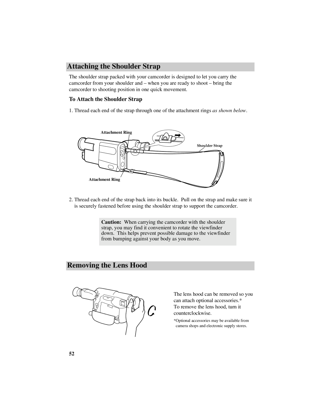 RCA Pro884HB manual Attaching the Shoulder Strap, Removing the Lens Hood, To Attach the Shoulder Strap 