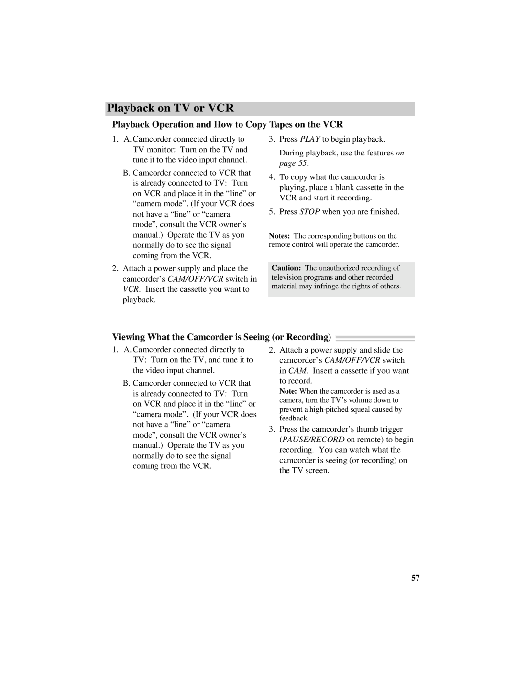 RCA Pro884HB manual Playback on TV or VCR, Playback Operation and How to Copy Tapes on the VCR 