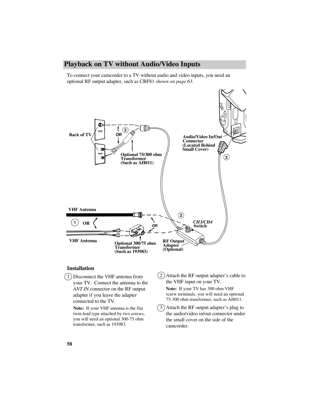 RCA Pro884HB manual Playback on TV without Audio/Video Inputs 