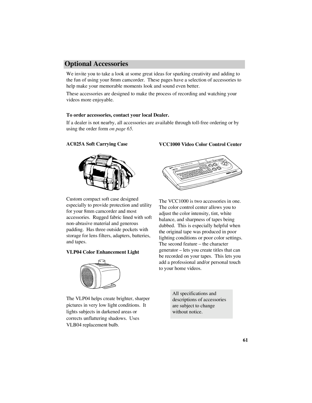 RCA Pro884HB manual Optional Accessories, To order accessories, contact your local Dealer, VLP04 Color Enhancement Light 