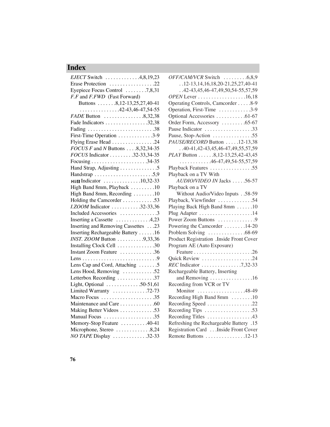 RCA Pro884HB manual Index 