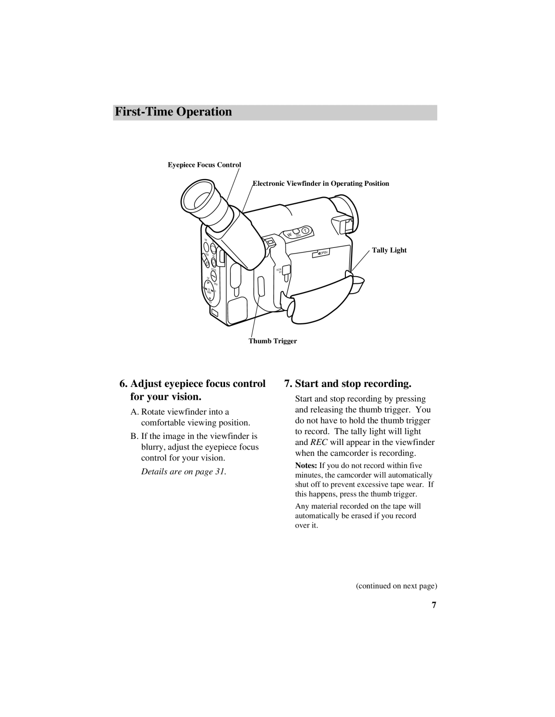 RCA Pro884HB manual Adjust eyepiece focus control for your vision, Start and stop recording 