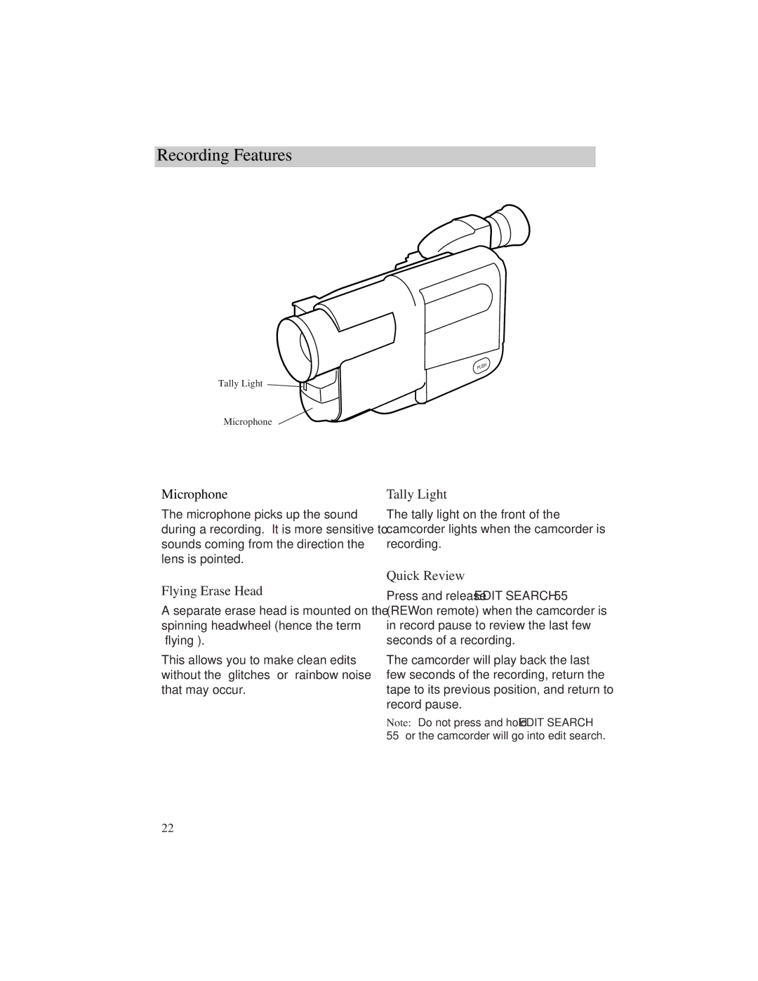 RCA Pro942 manual Recording Features, Microphone, Flying Erase Head, Tally Light, Quick Review 