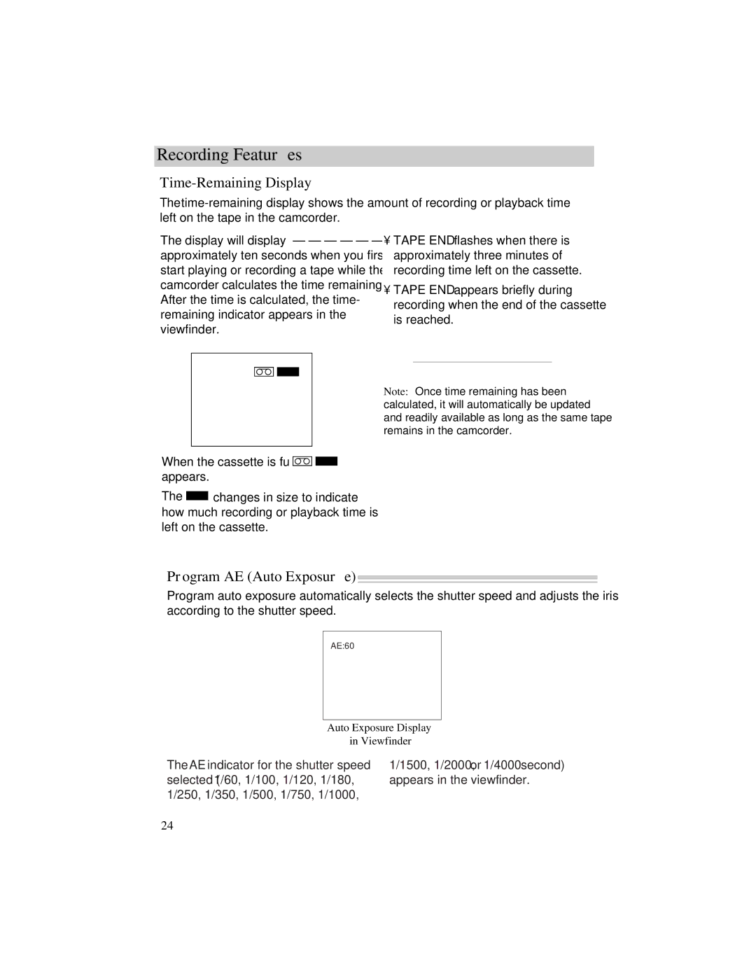 RCA Pro942 manual Time-Remaining Display, Program AE Auto Exposure 