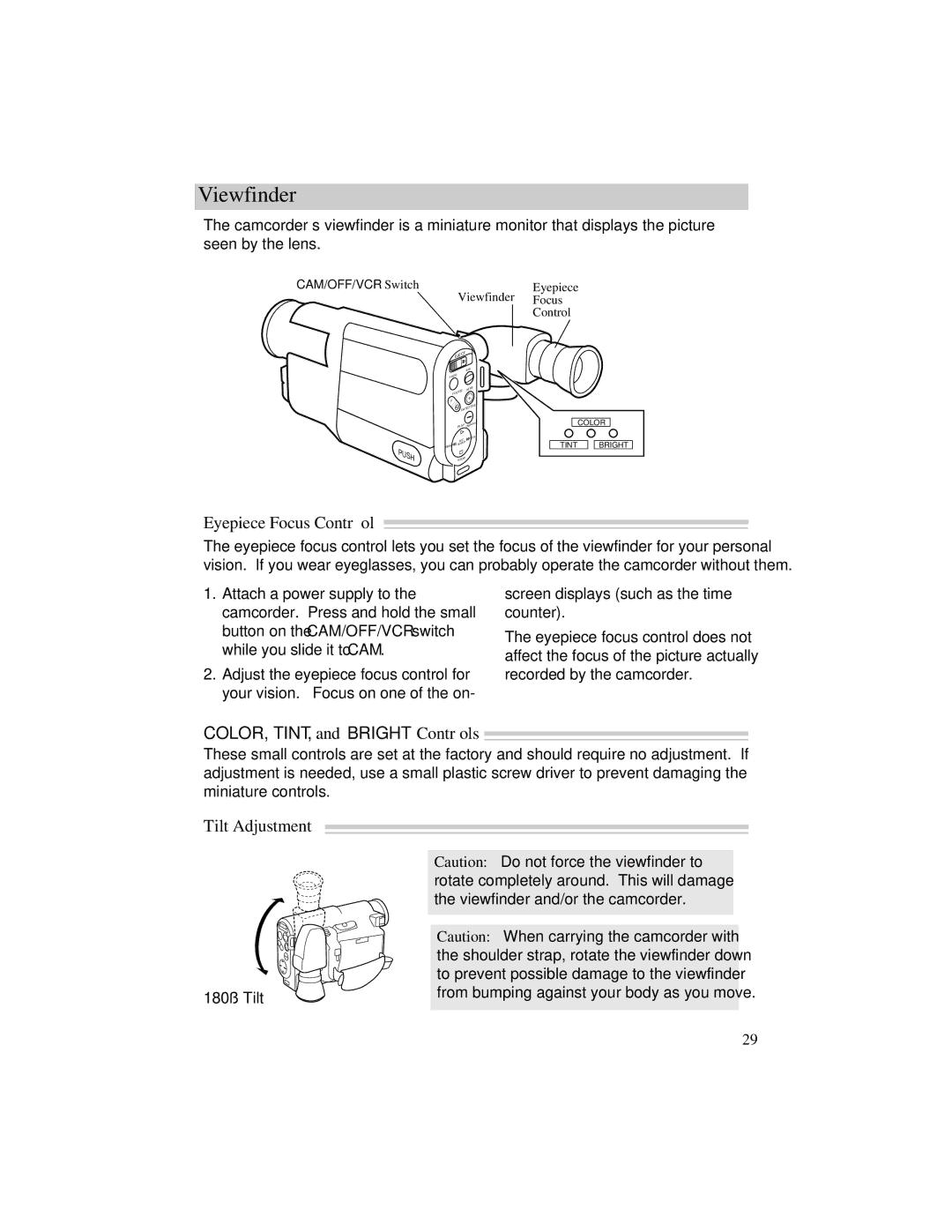 RCA Pro942 manual Viewfinder, Eyepiece Focus Control, Tilt Adjustment 