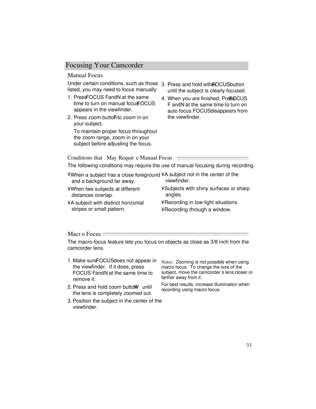 RCA Pro942 manual Macro Focus, Conditions that May Require Manual Focus 