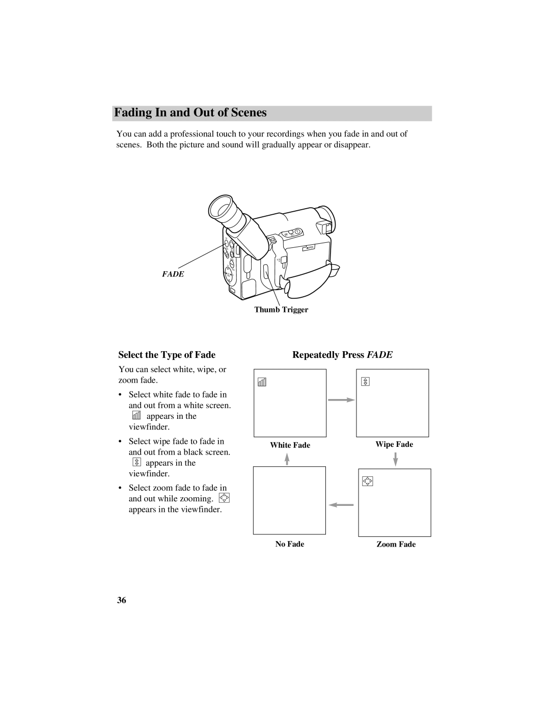 RCA Pro942 manual Fading In and Out of Scenes, Select the Type of Fade, Repeatedly Press Fade 