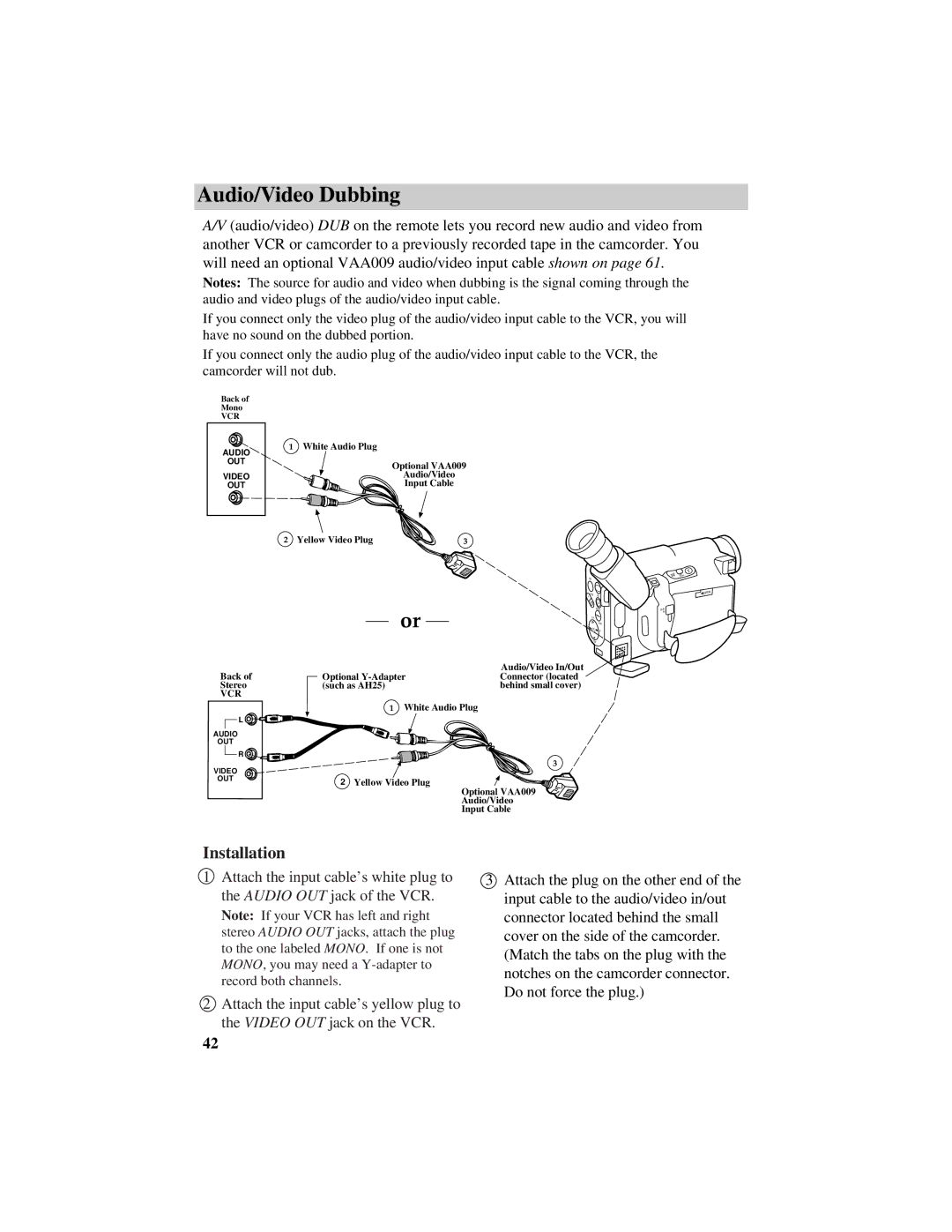 RCA Pro942 manual Audio/Video Dubbing, Installation 