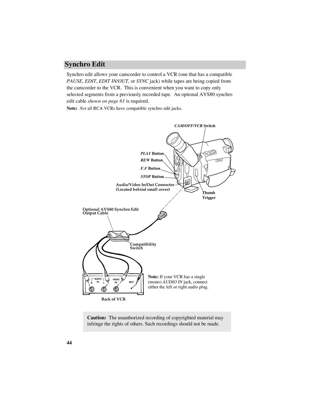 RCA Pro942 manual Synchro Edit 