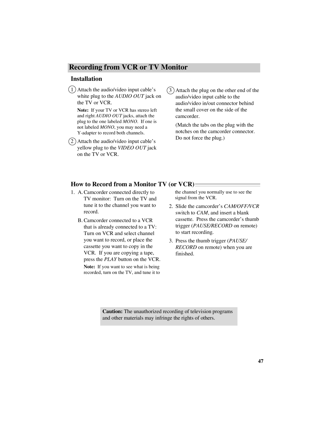 RCA Pro942 manual Installation, How to Record from a Monitor TV or VCR 