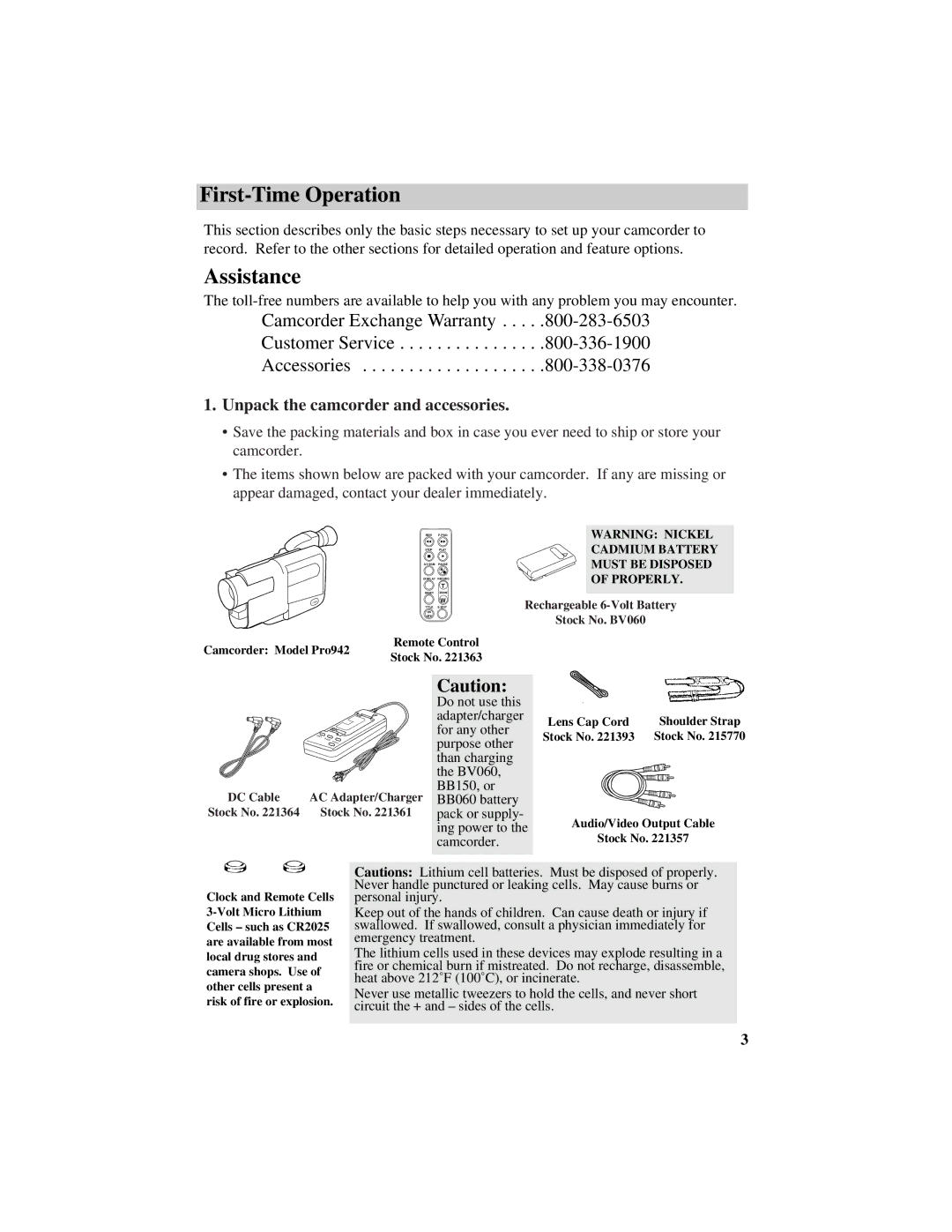 RCA Pro942 manual First-Time Operation, Unpack the camcorder and accessories 