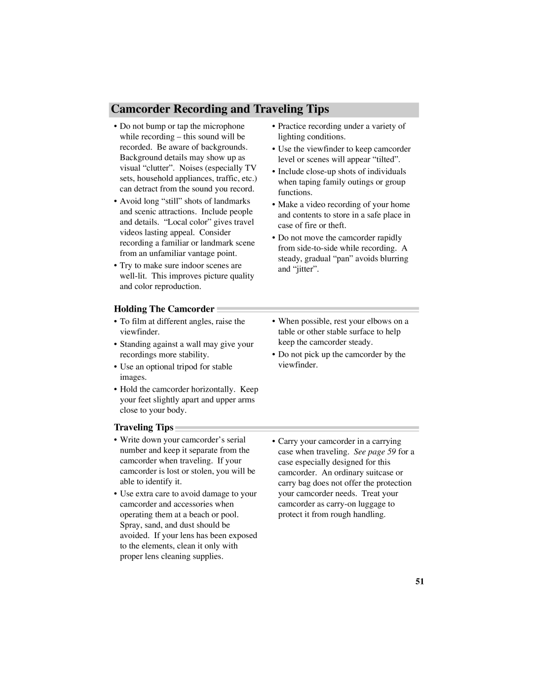 RCA Pro942 manual Camcorder Recording and Traveling Tips, Holding The Camcorder 