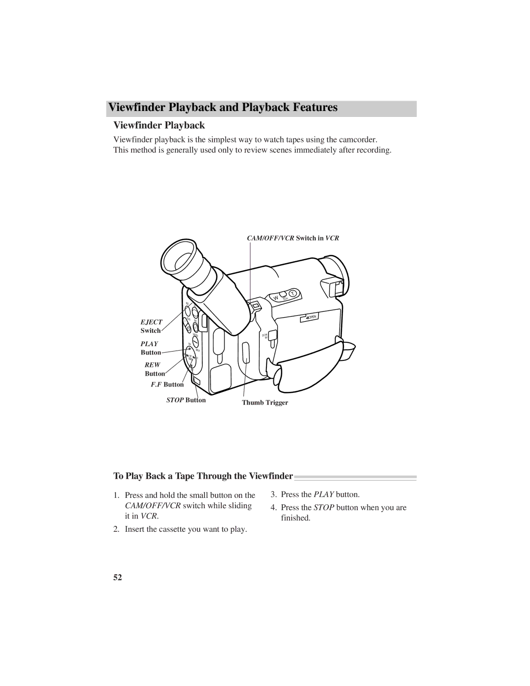 RCA Pro942 manual Viewfinder Playback and Playback Features, To Play Back a Tape Through the Viewfinder 