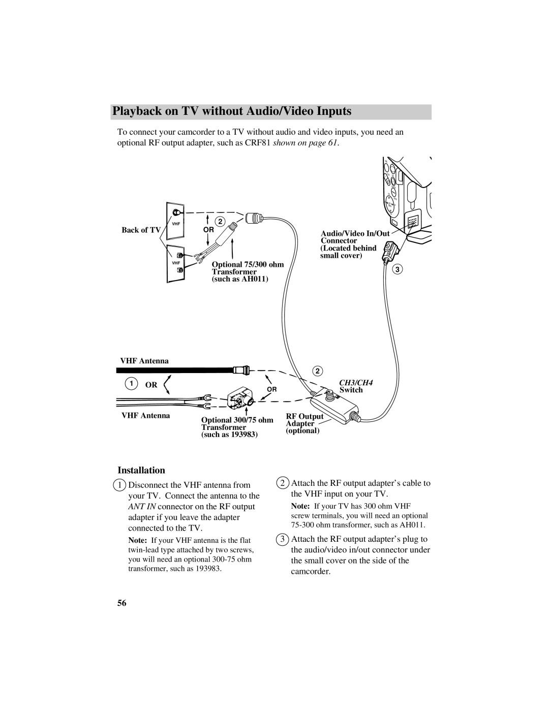 RCA Pro942 manual Playback on TV without Audio/Video Inputs 