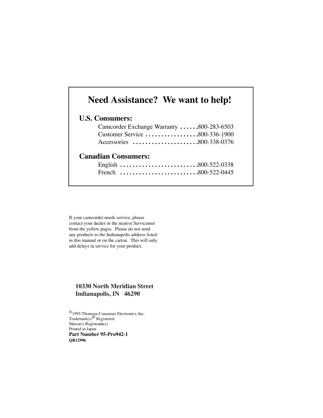 RCA Pro942 manual Canadian Consumers, Customer Service Accessories, North Meridian Street Indianapolis 