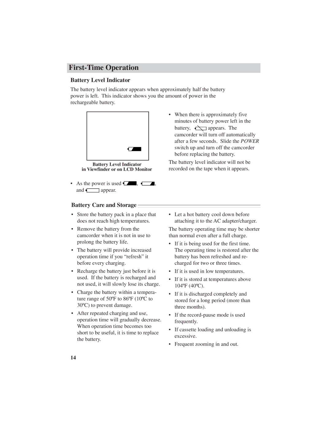 RCA ProV600 manual Battery Level Indicator, Battery Care and Storage 