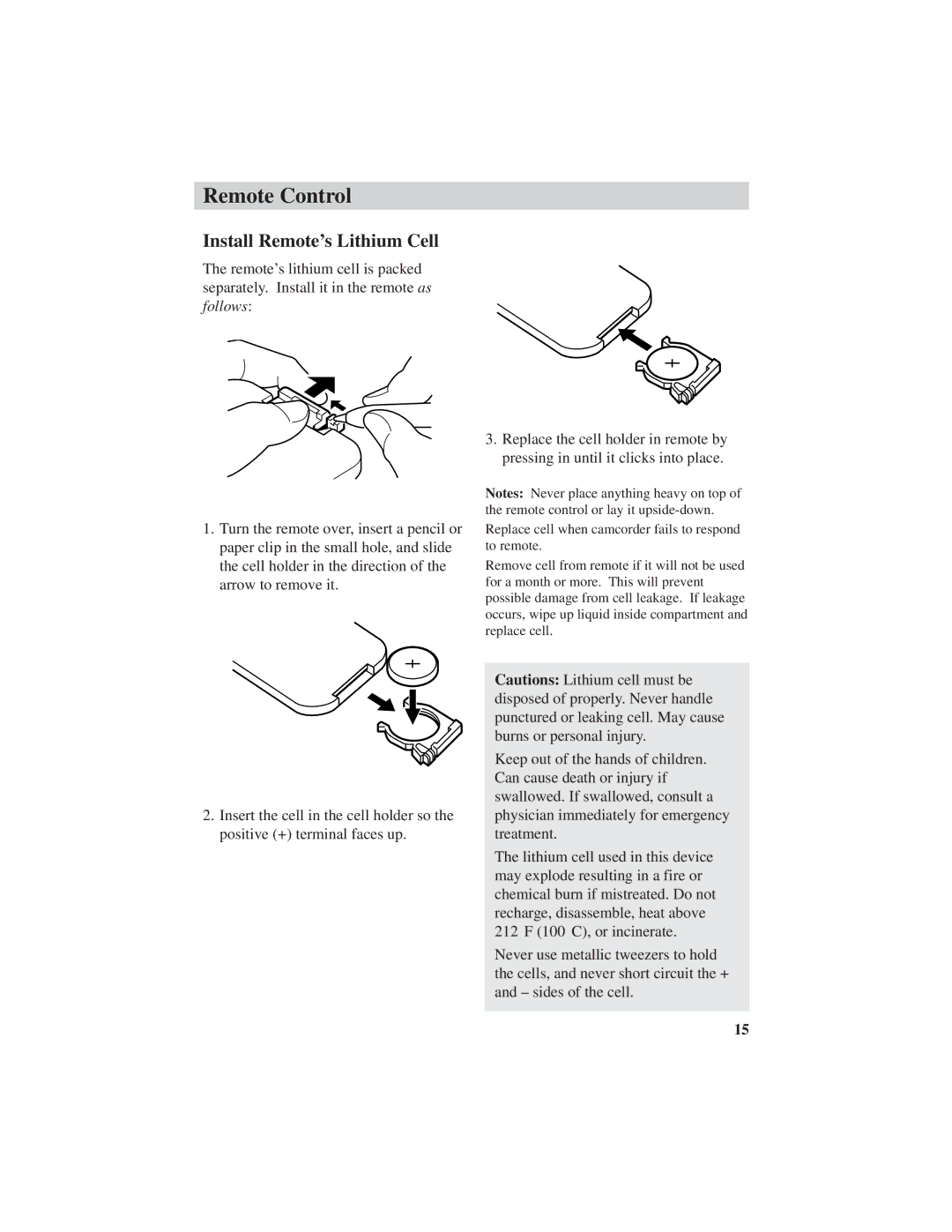 RCA ProV600 manual Remote Control, Install Remote’s Lithium Cell 