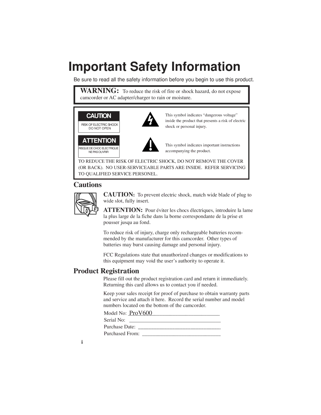 RCA ProV600 manual Important Safety Information, Product Registration 