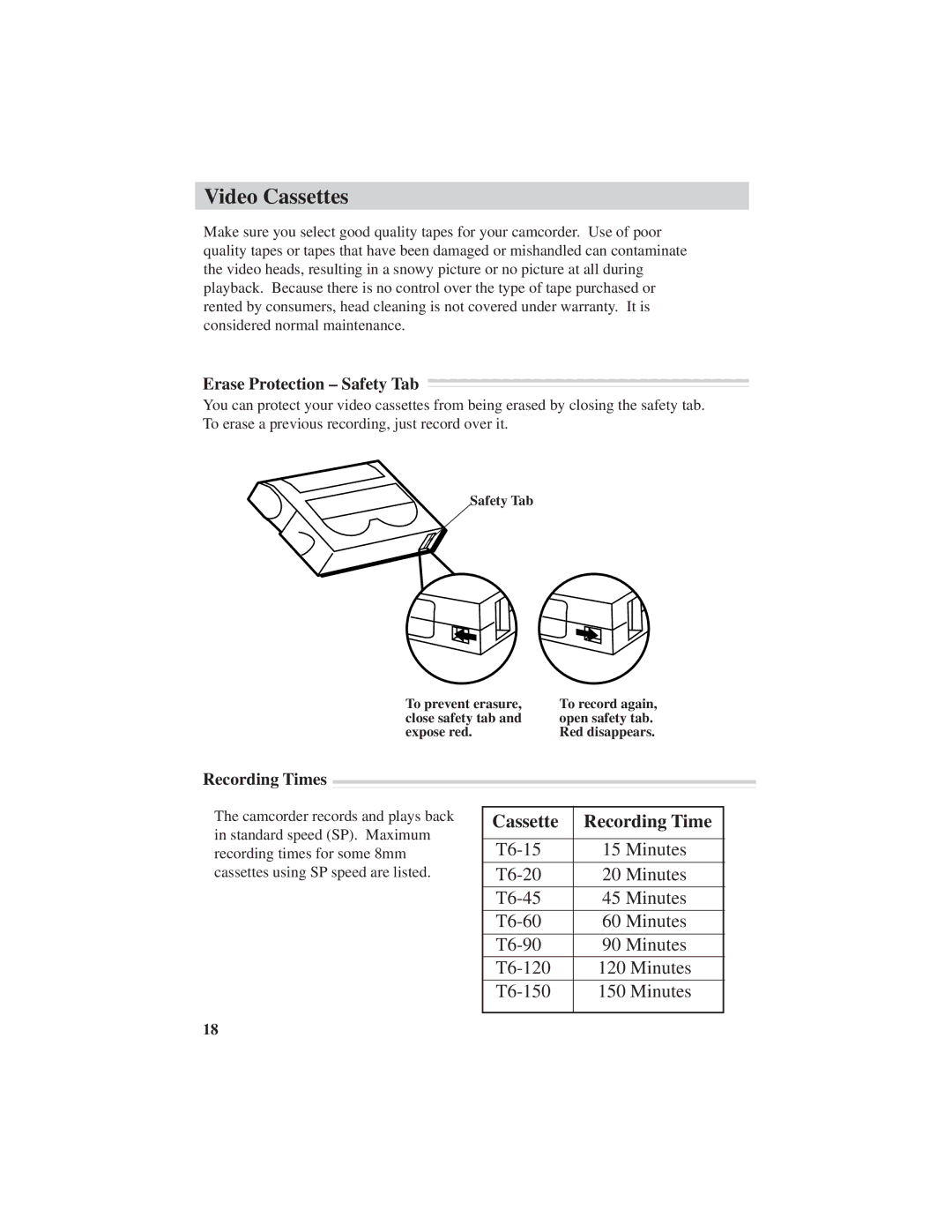 RCA ProV600 manual Video Cassettes, Cassette Recording Time, Erase Protection Safety Tab, Recording Times 