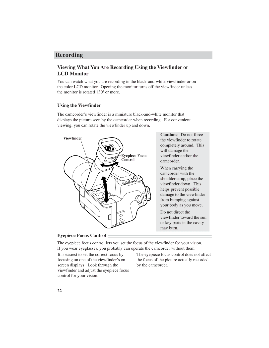 RCA ProV600 manual Using the Viewfinder, Eyepiece Focus Control 