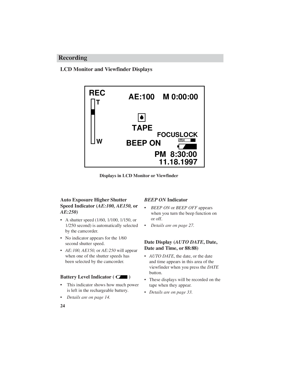 RCA ProV600 manual LCD Monitor and Viewfinder Displays, Beep on Indicator, Date Display Auto DATE, Date, Date and Time, or 