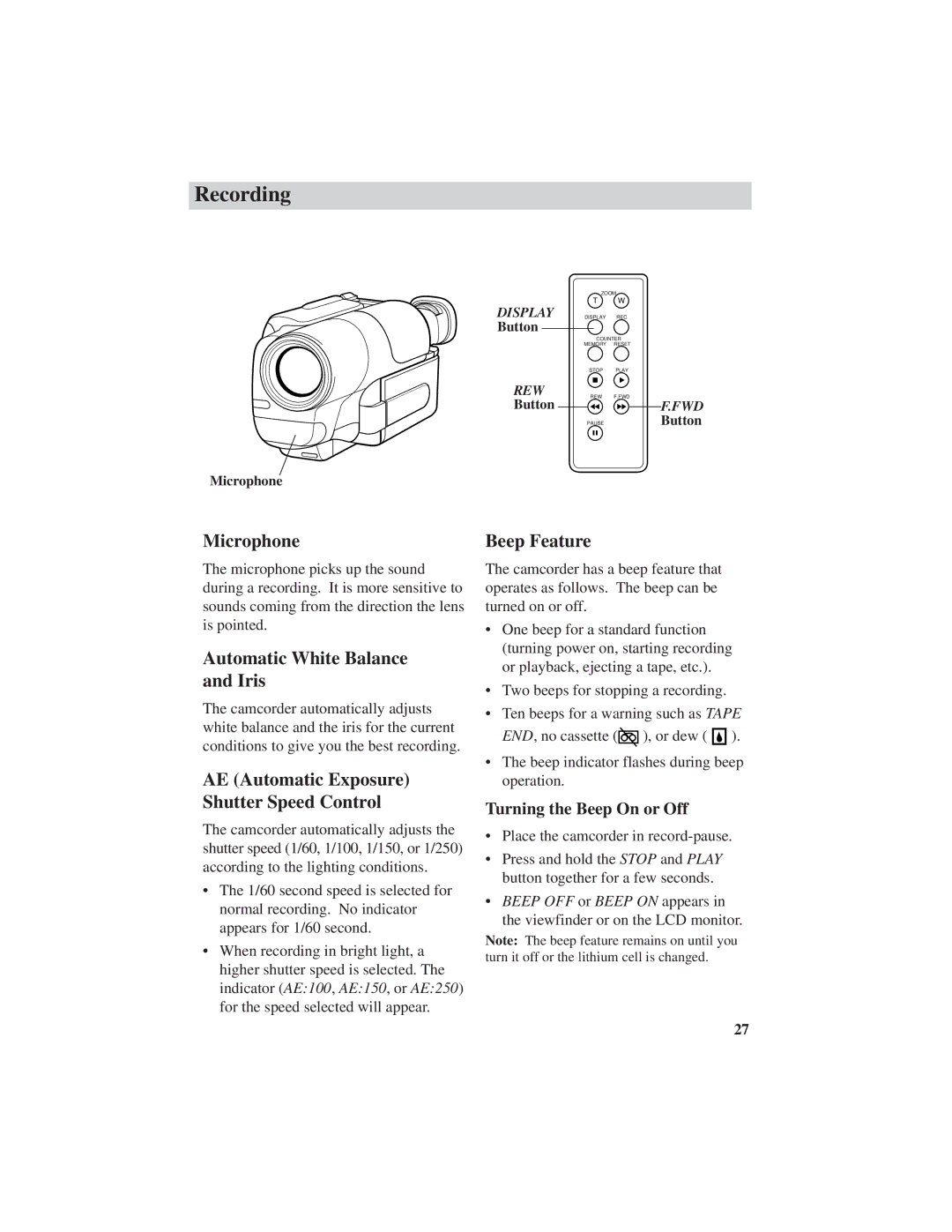 RCA ProV600 manual Microphone, Automatic White Balance and Iris, AE Automatic Exposure Shutter Speed Control, Beep Feature 