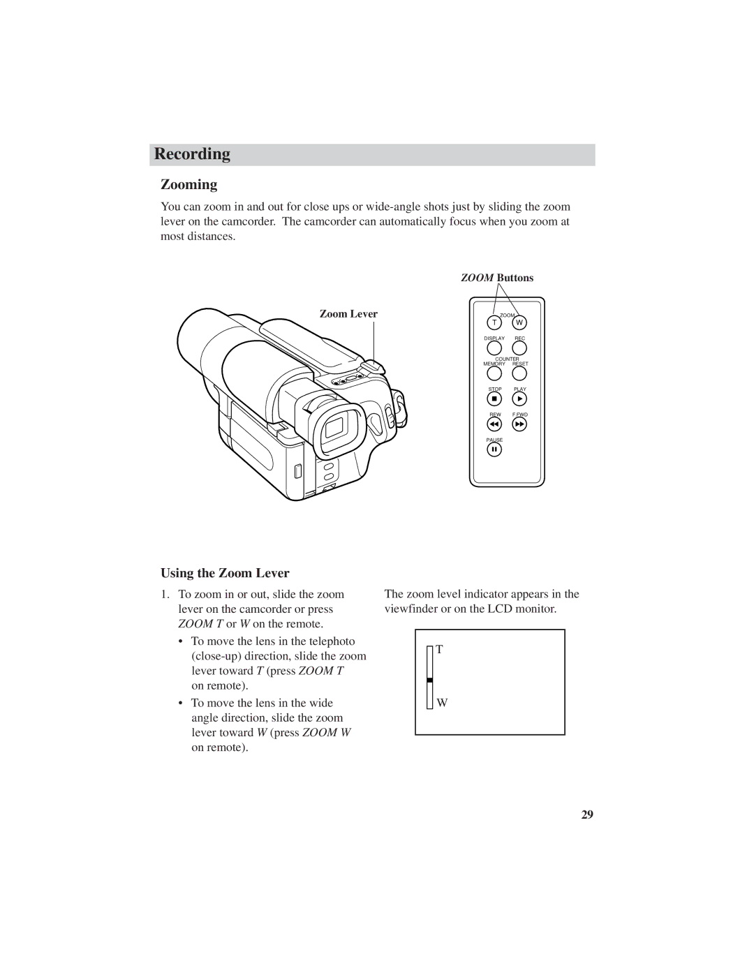 RCA ProV600 manual Zooming, Using the Zoom Lever 