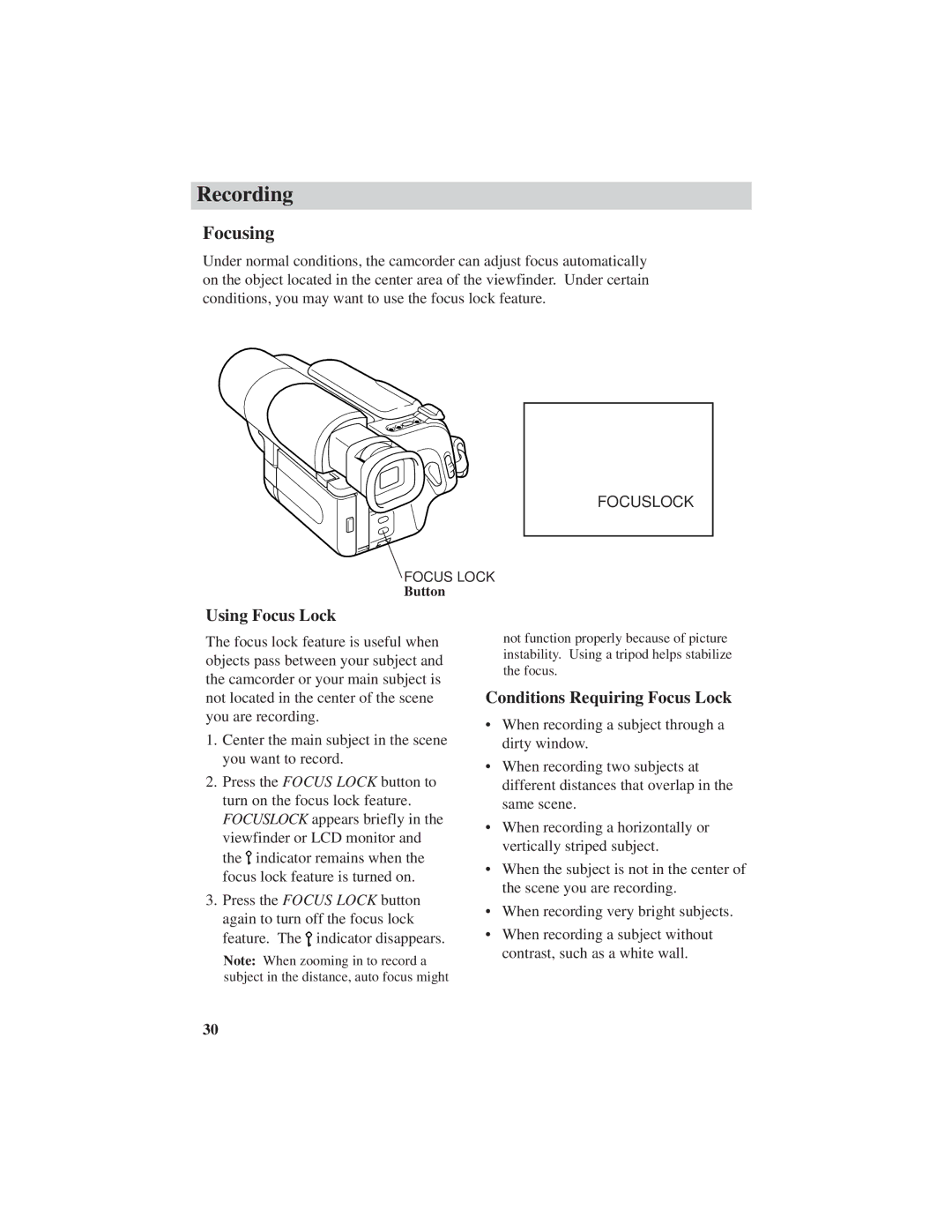 RCA ProV600 manual Focusing, Using Focus Lock, Conditions Requiring Focus Lock 