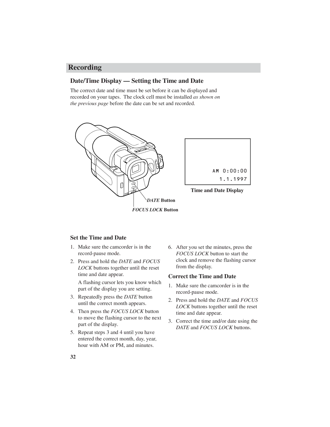 RCA ProV600 manual Date/Time Display Setting the Time and Date, Set the Time and Date, Correct the Time and Date 