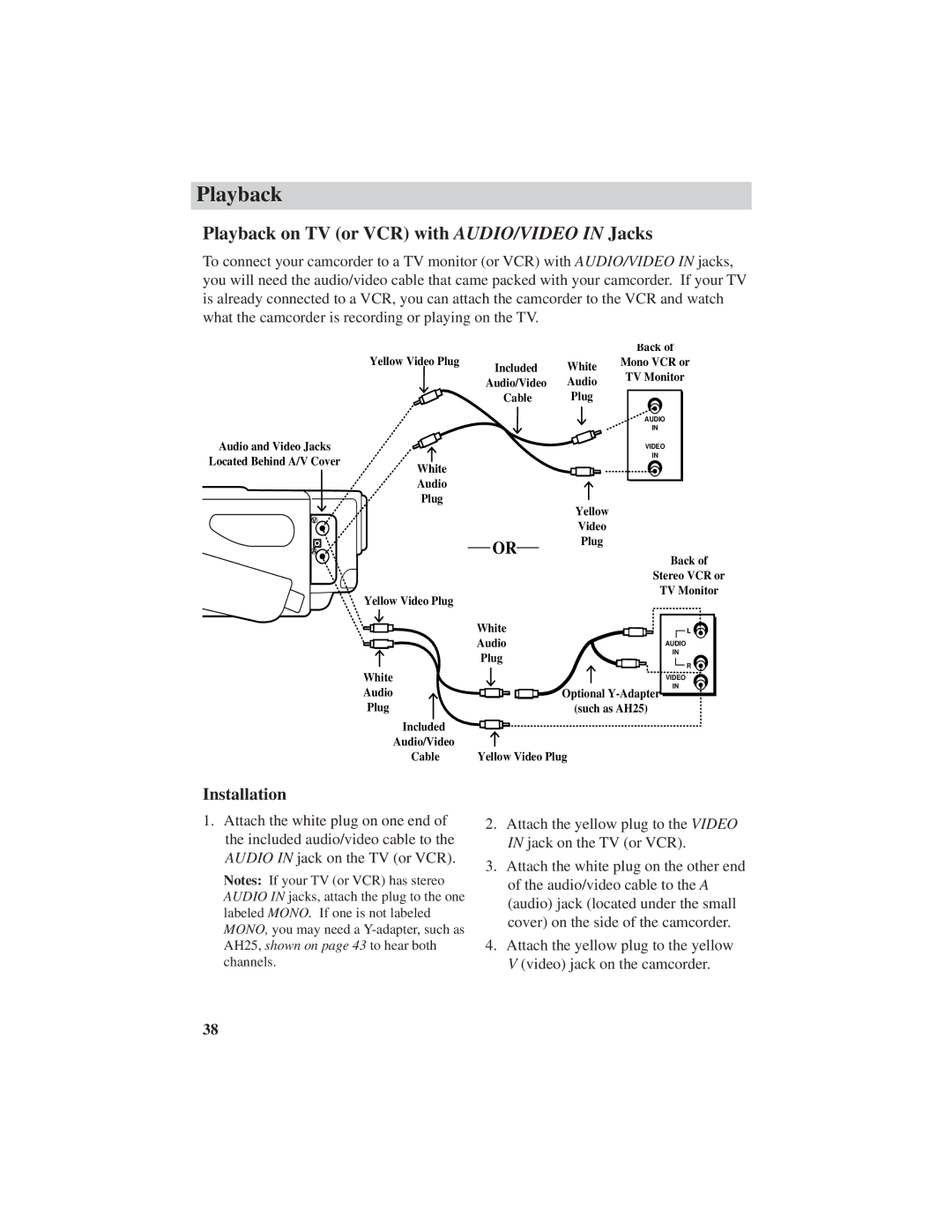 RCA ProV600 manual Playback on TV or VCR with AUDIO/VIDEO in Jacks, Installation 